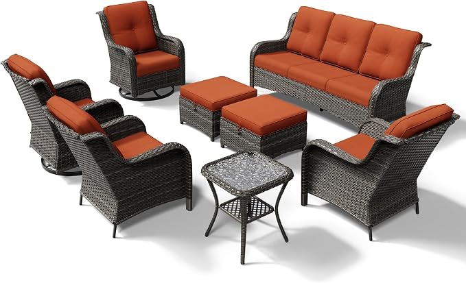 Joyside 8 Piece Wicker Patio Furniture Set, Outdoor Swivel Rocker Patio Chairs with High Back, Deep Seating, Wide Armrest, Thickened Cushions, Outdoor Furniture for Deck, Porch Use