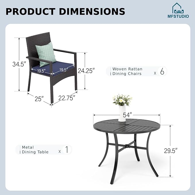 MFSTUDIO 7 Pieces Outdoor Dining Sets, Patio Table and Chairs for 6, Outdoor Metal Table with Chairs, Wicker Patio Round Dining Furniture