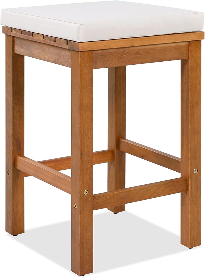 5 Piece Outdoor Bar Set, Patio Acacia Wood Bar Height Table & Four Stools with Cushions, Poolside, Backyard Furniture for Stylish Entertaining