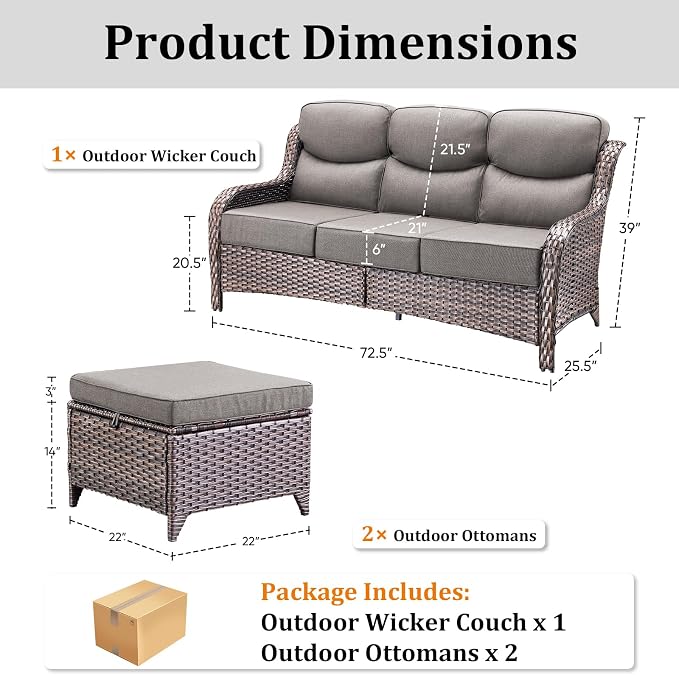 3 Pieces Patio Furniture Sofa Set with 6" Thick Cushions, High Back Wicker Sectional Outdoor Sofa with Ottoman, Outdoor Conversation Set for Balcony Deck Porch Backyard, Brown/Grey
