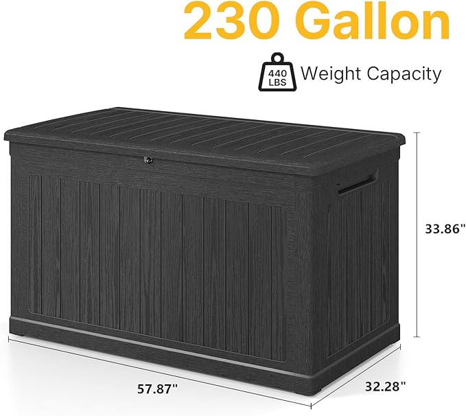 Skepphlay 230 Gallon Deck Box Extra Large, Outdoor Storage Box Lockable, Patio Storage Box Waterproof and UV Resistant, 1000lbs Load Capacity for Garden, Patio, Pool (Black)