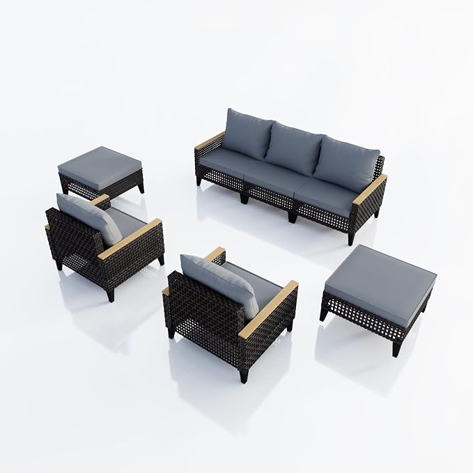 7 Pieces Patio Conversation Set, Wicker Rattan Sectional Modular Sofa Seating Set with Armchairs and Ottomans, Outdoor Furniture for Porch, Poolside, Deck, Balcony, Backyard, Yard (Gray Cushions)