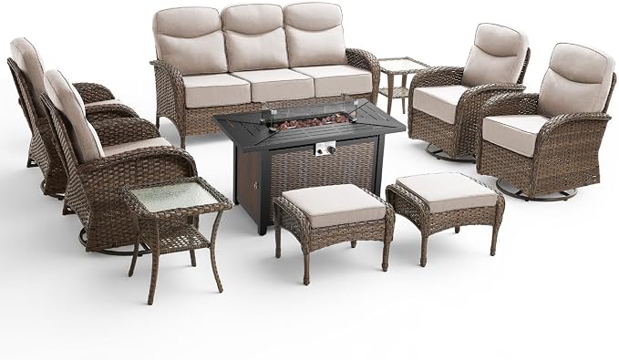 10 Pieces Luxury Patio Furniture Set with 42.5" Fire Pit Table, 6-Inch Thick Cushions Wicker Outdoor Furniture with Swivel Patio Chairs Set of 4, Outdoor Patio Conversation Set for Garden Deck, Beige