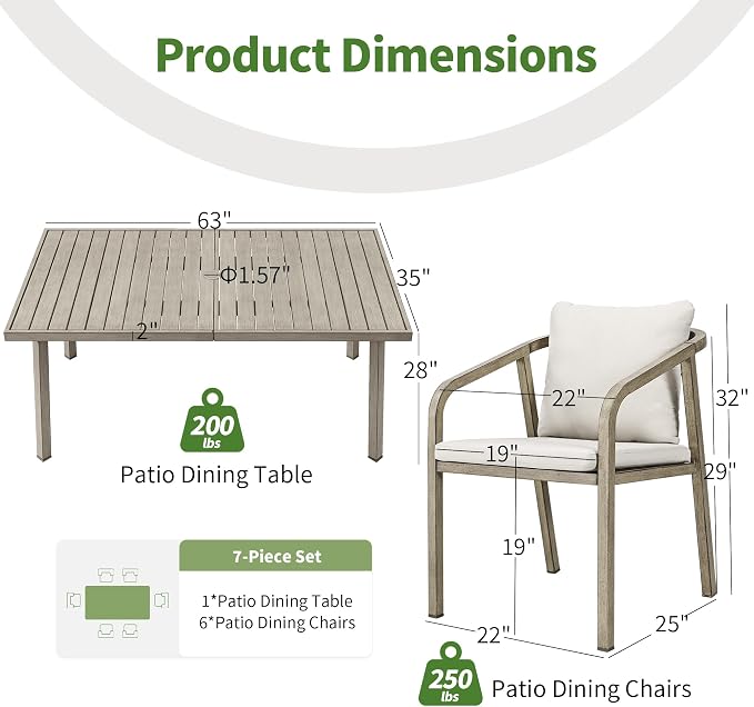 Outdoor Dining Set,7-Piece Patio Dining Table Set for 6 with Rectangular Table & 6 Thick Cushion Sofa Chair, Aluminum All-Weather Patio Furniture Set for Backyard, Garden and Poolside (Grey)