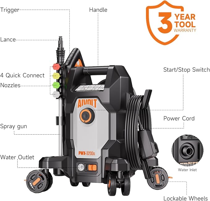 AIVOLT Pressure Washer, Portable Power Washer with Anti-Tipping 4-Wheel Design, 36FT Cable & 25FT Hose, 4 Nozzles, Soap Tank, High Pressure Cleaner Machine for Cars, Driveways, Fences, Patios & Home