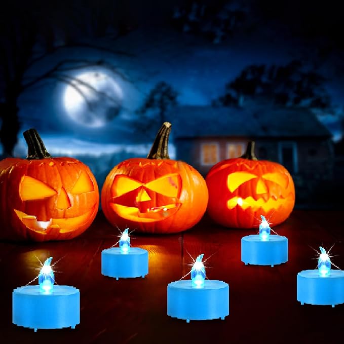 Flameless Tea Lights Candles, Battery Operated Led Electric Fake Candle, 50 Pack Realistic Flickering Votive Tealight Bulk, Long Lasting 200+ Hours,for Wedding Party Home Decorations (Blue)