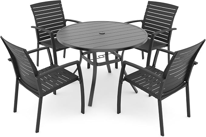 Anmutig Outdoor Dining Set for 4, 41" Round Table & 4 Aluminum Frame Chairs | Stackable Chairs, Resin Slat Seating, Powder-Coated Steel Table, Umbrella Hole, Easy Assembly, Patio, Garden, Backyard