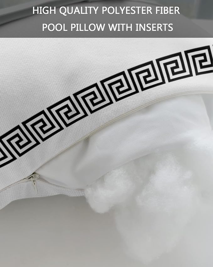 Outdoor Pillows Covers with Inserts White Traditional Greek Key Meander Border Square Geometric Waterproof Pillow with Adjustable Strap Throw Pillows for Patio Furniture Lounge Chair, 12x20 Inch, 1PCS