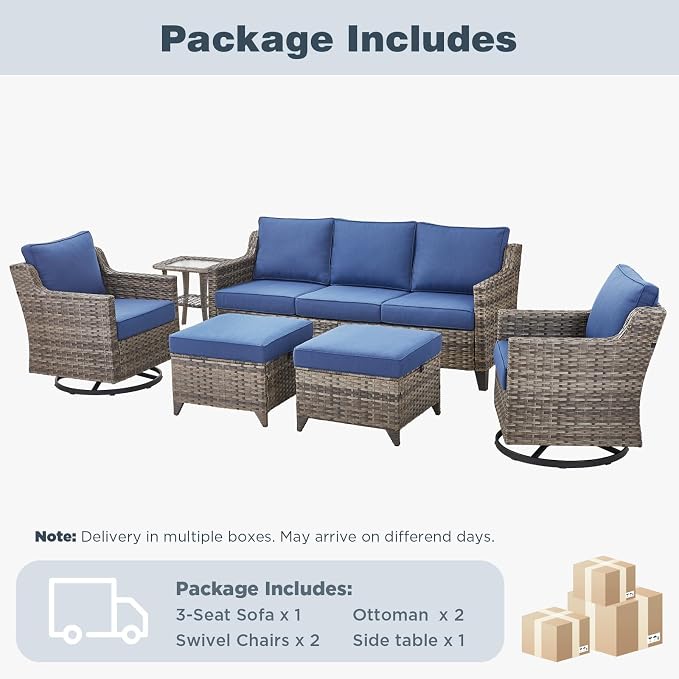 Belord Patio Wicker Swivel Rocker Patio Chairs with Side Table and 3-Seater Sofa, Outdoor Rattan Chairs for Deck Porch Garden, 6 Piece Luxury Patio Furniture Set, Blue