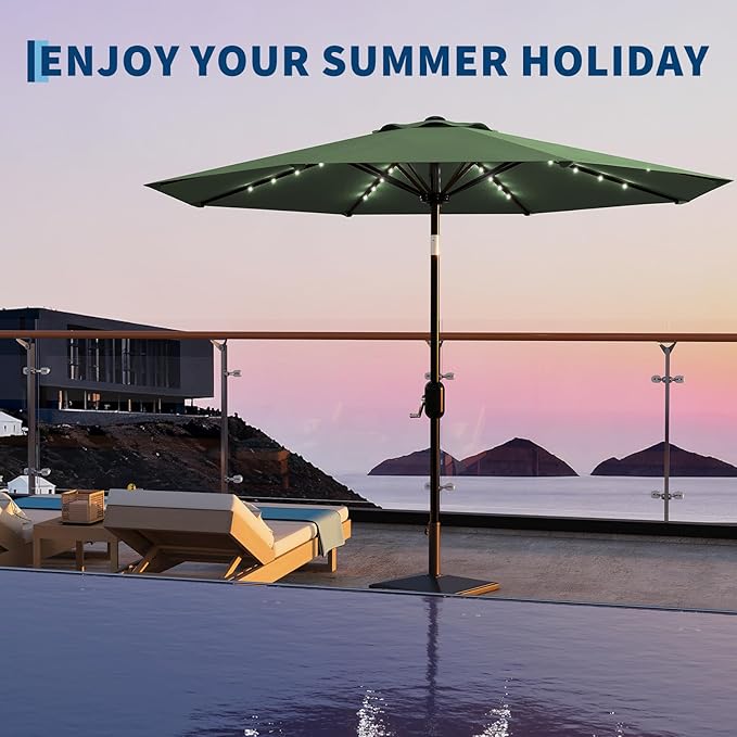 Garvee 9/10 FT Solar Patio Umbrella with 32 LED Lights - Outdoor Table Umbrella with Crank Lift, Push Button Tilt and 8 Sturdy Ribs - Market Umbrella UV Protection for Pool, Deck, Yard, Garden