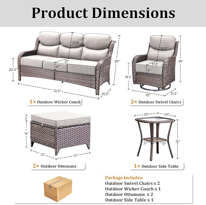 Luxury High Back Patio Furniture Set with 6-Inch Thick Cushions, 6-Pieces Outdoor Furniture with Swivel Chairs &Side Table, Wicker Conversation Set for Porch, Balcony, Deck and Yard, Brown/Beige