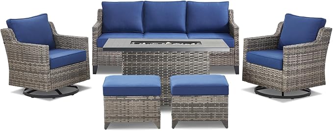 Patio Furniture Set with 42.5" Fire Pit Table-6 Pieces All Weather Wicker Outdoor Furniture with High Back Swivel Patio Chairs Set of 2 Outdoor Couch for Deck Balcony Backyard Blue/Gray