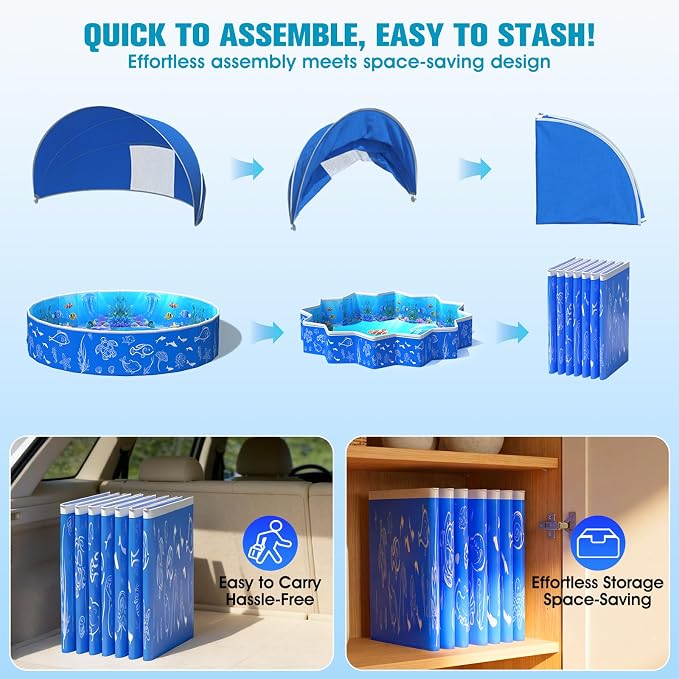 FizZeal Kiddie Pool with Canopy, 50in Foldable Toddler Pool,Pop Up Baby Pool with Shade,UPF 50+UV Portable Swimming Pool for Kids,Collapsible Baby Pool for Beach, Outdoor Toddler Pool for Backyard