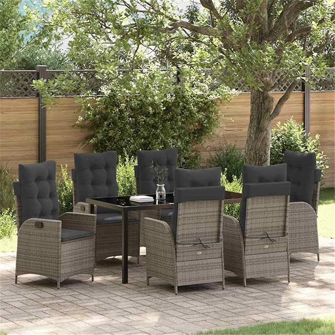 Afuera Living 7-Piece Poly Rattan Patio Dining Set, Black Finish, Glass Tabletop, Adjustable Cushions, Weather-Resistant, Ergonomic Design, Comfortable Outdoor Seating for Garden, Porch, or Backyard