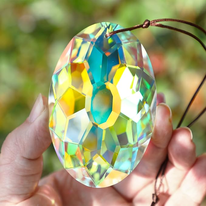 YU FENG 3.5 Inch Oval Crystal Prism Suncatcher, AB Rainbow Maker | AB Coating Faceted Glass Pendant, Colorful Light Catcher, Window Hanging Decor, Rainbow Reflections, Home Garden Ornament