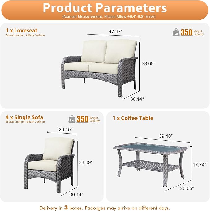 6 PCS Outdoor Patio Furniture Set with Glass Table, All-Weather Rattan Wicker Outdoor Conversation Set with Thickened Cushions for Balcony Backyard Garden Lawn,Beige