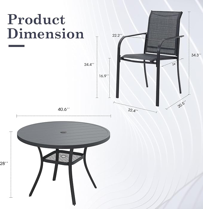 5 Pieces Outdoor Dining Set, Stackable Textilene Paito Chairs & 40.6" Round Dining Table with Umbrella Hole and Shelf, Patio Dining Set for Backyard, Deck, Garden, Grey & Dark Grey