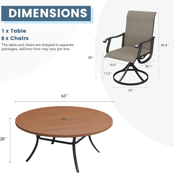 DIFY Outdoor Dining Set for 8, 9 Piece Patio Table and Chairs Set, Swivel Patio Dining Chairs with Brown Textilene & 63" Walnut Round Metal Dining Table with Umbrella Hole, for Garden Backyard Deck