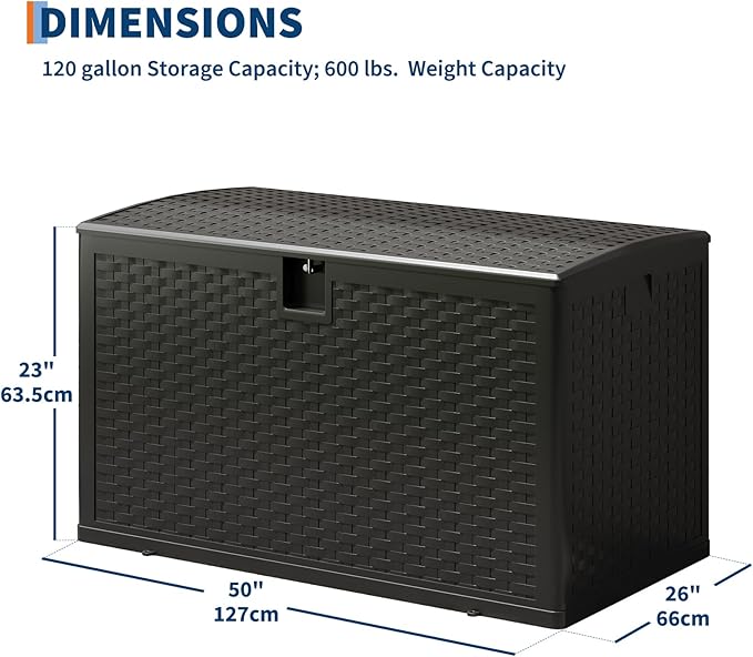 120 Gallon Outdoor Deck Box, Lockable Waterproof Outdoor Resin Box with Lid, Patio Storage Bin for Patio Furniture, Garden Tools, Pool Accessories - Black