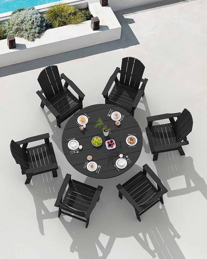SERWALL 5 Piece Outdoor Dining Set, HDPE Dining Furniture Set with Umbrella Hole, 4 Adirondack Dining Chairs and 45" Round Dining Table, Black