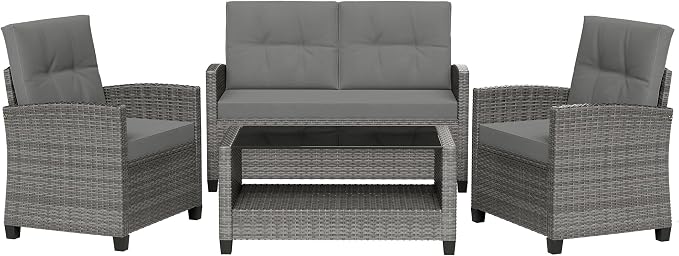 Shintenchi 4 Piece Patio Furniture Set, Outdoor Rattan Conversation Set with Coffee Table, Outside Wicker Sectional Sofa Couch with Cushion, Gray