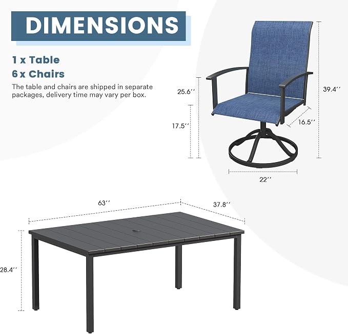 DIFY 7 Pieces Outdoor Dining Set, Metal Patio Table and Chairs Set for 6 with Umbrella Hole, 63" Black Rectangle Table and Blue Textilene Swivel Patio Chairs for Garden, Backyard, Poolside
