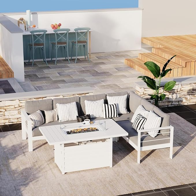 Solaste Aluminum Patio Furniture Set with Fire Pit Table, 6 Piece Sectional Metal Outdoor Furniture with Ottoman, Modern Patio Conversation Set Water-Resistant Cushion for Balcony, Front Porch, White