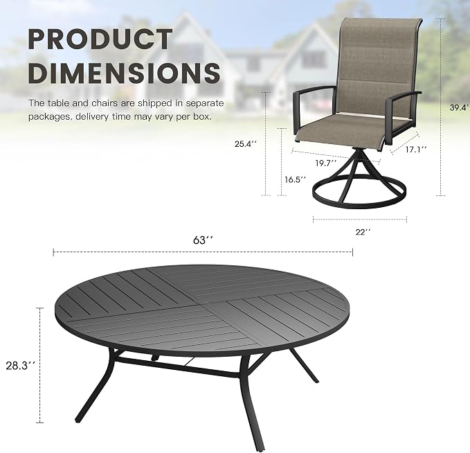 Outdoor Dining Set for 8, 63.1" Outdoor Dining Table with Umbrella Hole and Padded Textilene Patio Swivel Chairs, 9 Pieces Patio Table and Chairs Set for Garden Backyard, Mixed Brown and Black