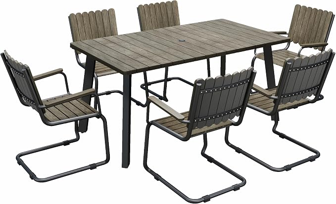 7 Piece Outdoor Conversation Set for 6, HDPE Patio Seating Set with Table and Chairs, All-Weather Outdoor Lounge Furniture with Umbrella Hole for Garden, Porch, Poolside, Gray