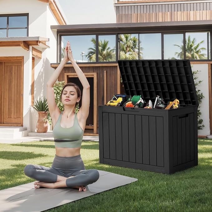 Vixzen 45 Gallon Waterproof Large Deck Box, Lockable Resin Outdoor Storage Box with Hydraulic Lid, Durable Storage Bin for Patio Furniture Cushions, Garden Tools, Pool Accessories, Balck
