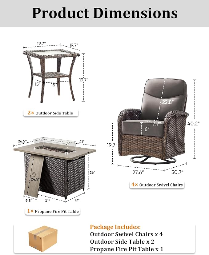 7-Piece Luxury Patio Furniture Set with 6-Inch Thick Cushions, High-Back Outdoor 4 Swivel Rocking Chairs with Wicker 42" Fire Pit, All-Weather Conversation Set for Porch, Deck, Yard or Poolside Gray