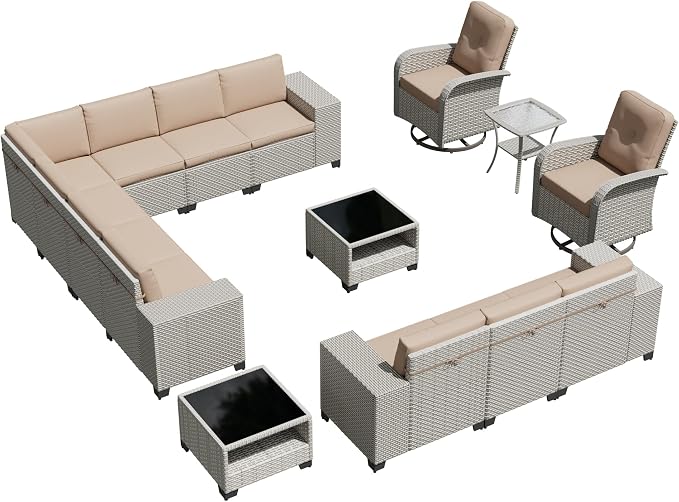 15-Piece Outdoor Patio Furniture Set, Modular Sectional Sofa Set with Swivel Rocker Chairs, Wicker Outdoor Couch Conversation Sets w/Coffee Table and Cushions, Khaki
