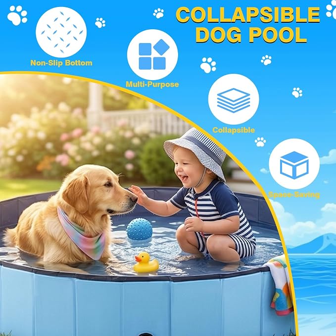 Eooqi Foldable Dog Pool, Collapsible Pet Bath Tub & Kiddie Wading Pool, Portable Hard-Side Dog Swimming Pool for Puppies, Small & Medium Dogs, Cats and Kids (Blue, 39.5"-M)