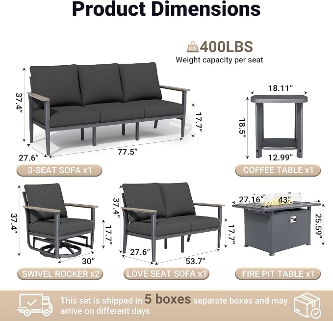 Aluminum Outdoor Patio Furniture Set, 6-Piece Sectional Sofa with 5.1" Thick Cushions, Swivel Rocking Chairs, 55,000 BTU Propane Fire Pit Table, Outdoor Couch for Backyard, Deck, Black