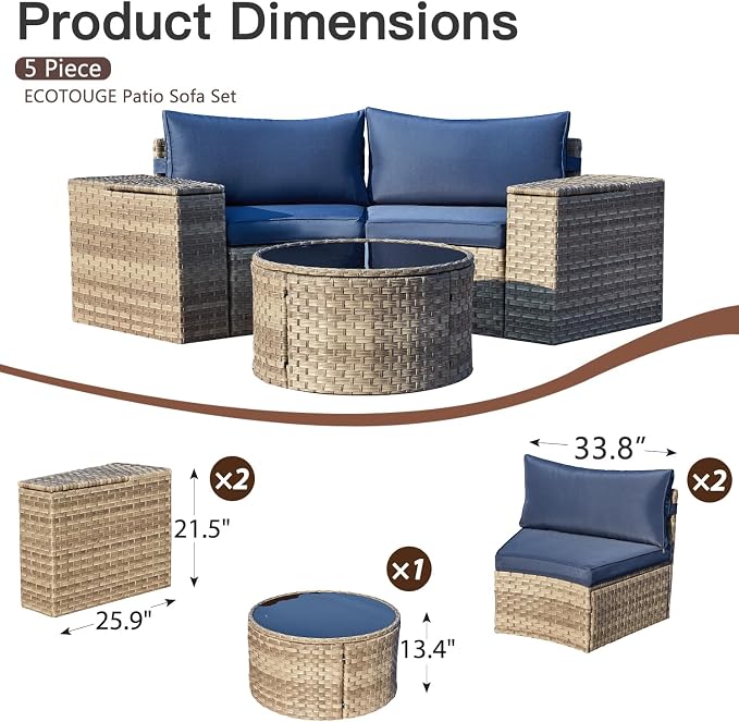 ECOTOUGE Outdoor Patio Furniture, 5 Piece Half-Moon Sectional Round Patio Set, Wicker Lazy Outdoor Sofa Set with Storage Side Table & Coffee Table for Pool Backyard Patio Garden(Blue)