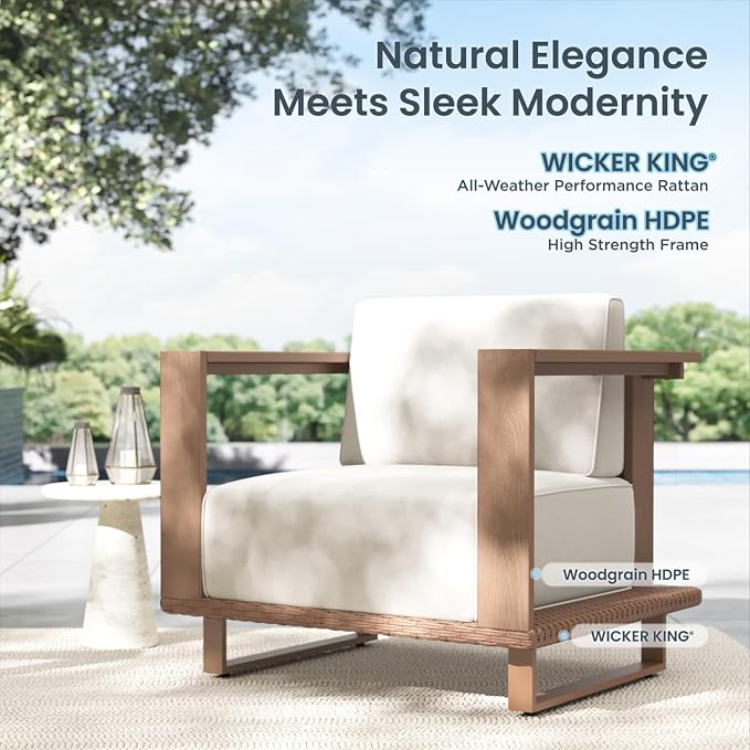 PHI VILLA HDPE Patio Furniture Set, 5 Pieces Sectional Outdoor Conversation Sets with 9.8" Thick Cushion, Modular Patio Sofas with Wood Grain Wicker Coffee Table for Garden, Backyard(Beige)