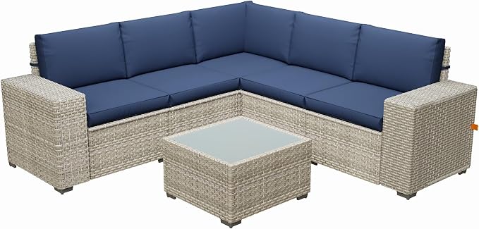 6 Piece Patio Furniture Set, 9.8" Wide Arm Sectional Sofa with Storage Armrests, All-Weather Rattan Outdoor Conversation Set for Garden, Porch, Lawn, Backyard, Balcony, Blue
