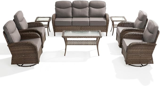Outdoor Swivel Rocking Chair Patio Set (8-Piece), High-Back - Thick Cushion Swivel Rocking Chair Patio Set, All-Weather Wicker Patio Furniture Set, Suitable for Balcony Patios, Brown/Gery