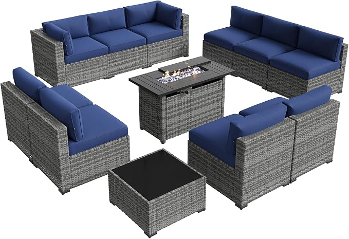 Aoxun Patio Furniture Sets, 12-Piece Outdoor Patio Furniture with 44'' Propane Gas Firepit Table, Wicker Outdoor Conversation Set Sectional Sofa for Backyard, Poolside, Garden