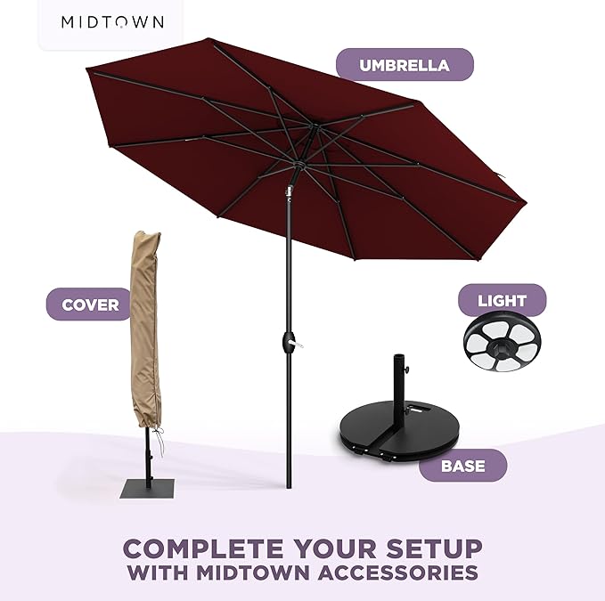 Midtown Umbrellas - The Lean 8 Ft Patio Umbrella with Fade-Resistant Sunbrella Fabric, Auto-Tilt Aluminum Frame and 8 Reinforced Ribs for Deck, Pool & Garden - Burgundy Canopy, Black Pole