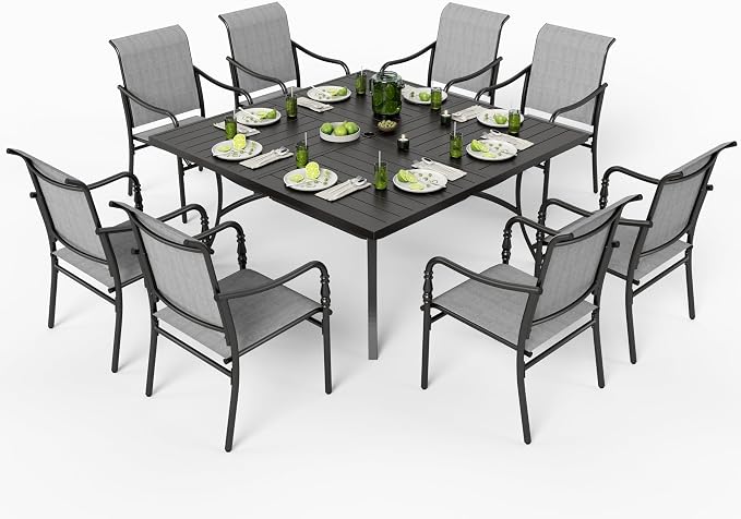 MIXPATIO 9pc Patio Dining Set for 8, Outdoor Metal Table & Grey Chairs | Textilene chairs +57.5" square table with umbrella hole. Waterproof, stain-resistant & wipe-clean. Ideal for backyard, porch