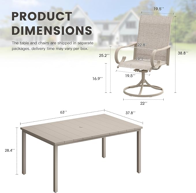 7 Pieces Patio Dining Set, 6 Outdoor Swivel Dining Chairs with 63" Rectangle Metal Outdoor Dining Table with Umbrella Hole for Garden Backyard Deck, Sandshell
