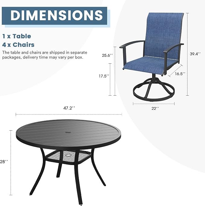 DIFY 5 Pieces Outdoor Dining Set for 4, 47.2" Black Round Metal Table with Umbrella Hole and Blue Textilene Swivel Patio Chairs, Patio Table and Chairs Set for Garden, Backyard, Poolside