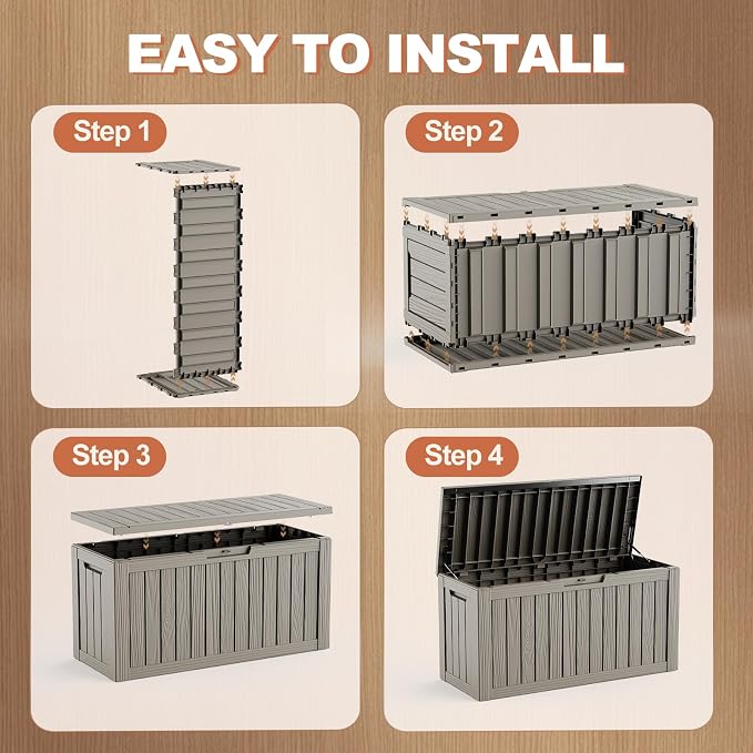 EFU Outdoor Storage Box 120 Gallon Deck Box (Indoor & Outdoor) Lockable UV Resistance Waterproof Resin Storage Bin Storage Box for Outdoor,Patio Storage With Support Rod(Taupe)