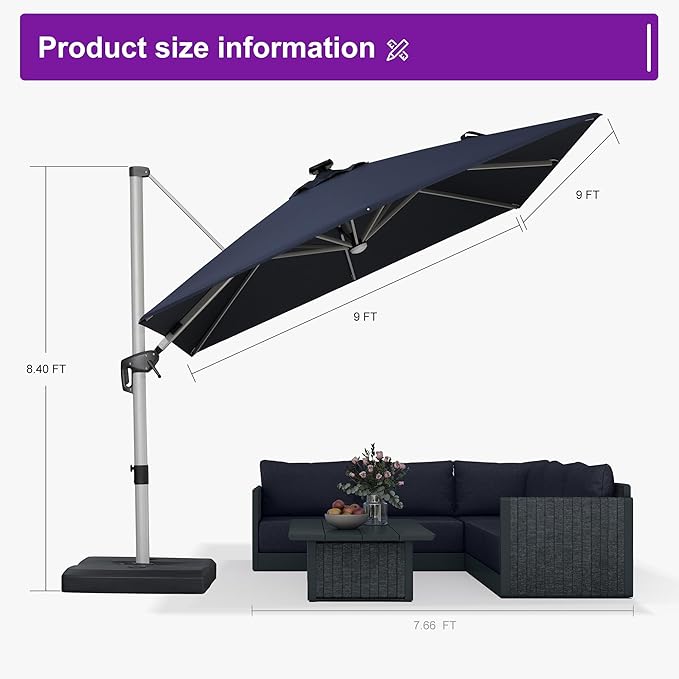 PURPLE LEAF 9 Feet Patio Umbrella with Lights Outdoor Square Cantilever Umbrella Solar Powered LED with 360-degree Rotation for Garden Deck Pool Patio, Navy