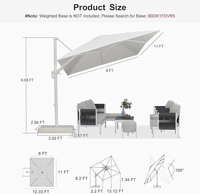 PURPLE LEAF 8' X 11.5' Right-left Tilt White Cantilever Umbrella with Base Patio Outdoor Swivel Umbrellas with Aluminum Tilt Offset Umbrella with 360° Rotation for Deck Pool, White