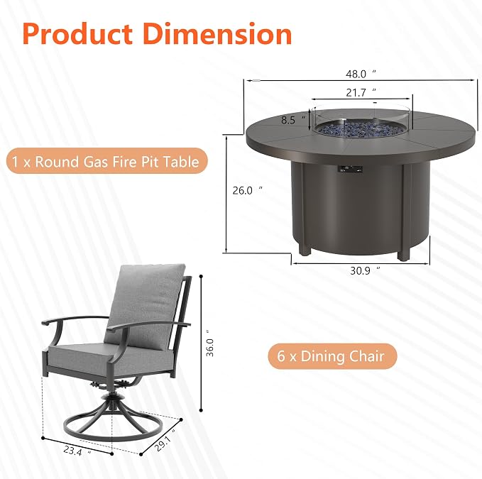 7 Pieces Outdoor Patio Furniture Set with 48" 55000 BTU Round Propane Fire Pit Table,Patio Dining Set Outdoor Conversation Sets 6 Swivel Chairs for Deck,Backyard and Garden,Grey