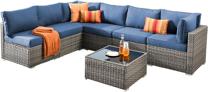 Weaxty 7 Pieces Outdoor Patio Furniture Set,Wicker Sectional Sofa Couch with Thicken Cushion and Glass Coffee Table,All Weather Rattan Patio Conversation Sets for Porch,Poolside,Backyard,Denim Blue