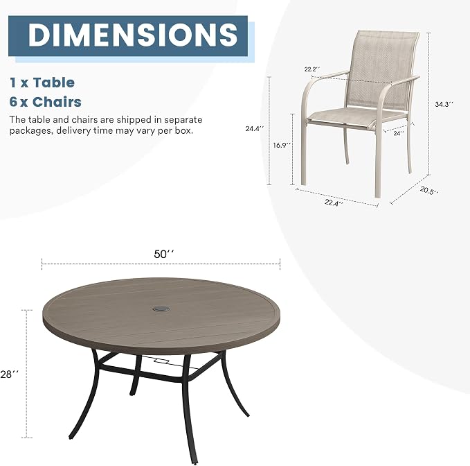 DIFY Patio Dining Set for 6, 7 Piece Outdoor Table and Chairs Set, 50" Grey Wood-Like Round Metal Patio Dining Table and 6 Sandshell Textilene Stackable Patio Chairs, for Backyard Garden Poolside