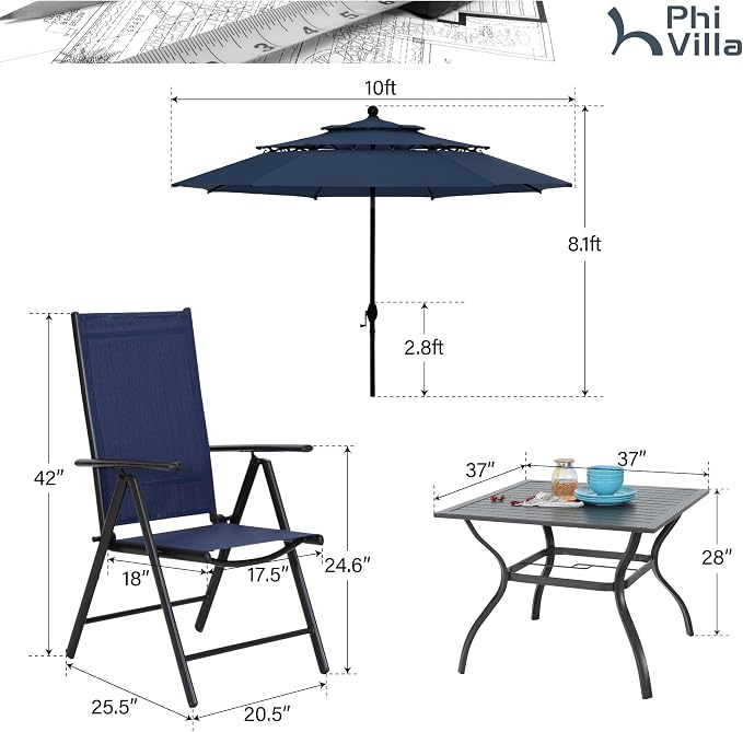 PHI VILLA Outdoor Dining Furniture Set with Umbrella, Patio Dining Set for 4 with Metal Outdoor Table and Chairs, Patio Table Set with Portable Folding Chairs & Navy Blue Umbrella (No Base)